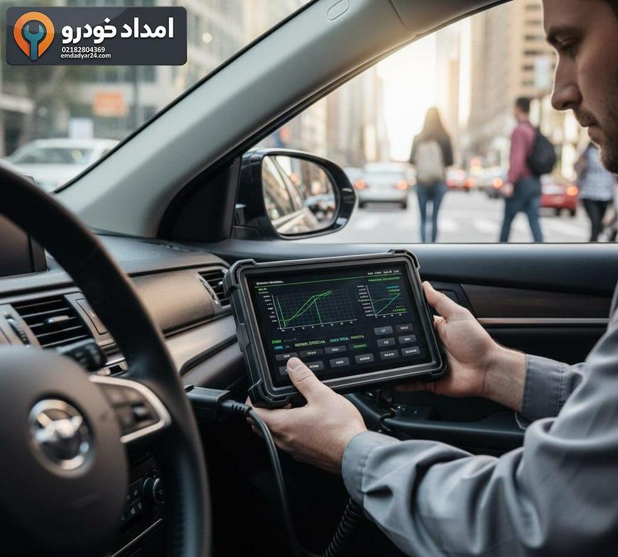 خودروی متوقف‌شده در لاین اضطراری بزرگراه تهران در شب با مثلث خطر و برج شهر در پس‌زمینه