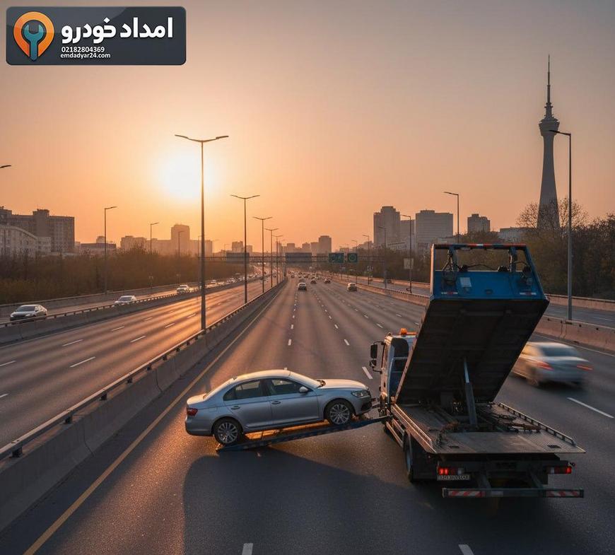 یدک‌کش کفی در حال بارگیری خودروی سواری روی بزرگراه شهری