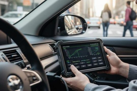 خودروی متوقف‌شده در لاین اضطراری بزرگراه تهران در شب با مثلث خطر و برج شهر در پس‌زمینه